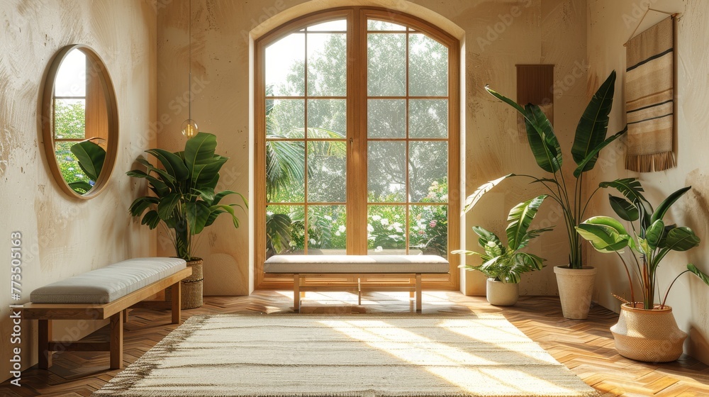 Fototapeta premium Bright minimalist entryway with large window and green houseplants