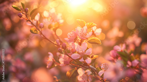 Blooming flowers basking in the warm glow of a setting sun, signaling the vibrant beauty of springs arrival - generative AI