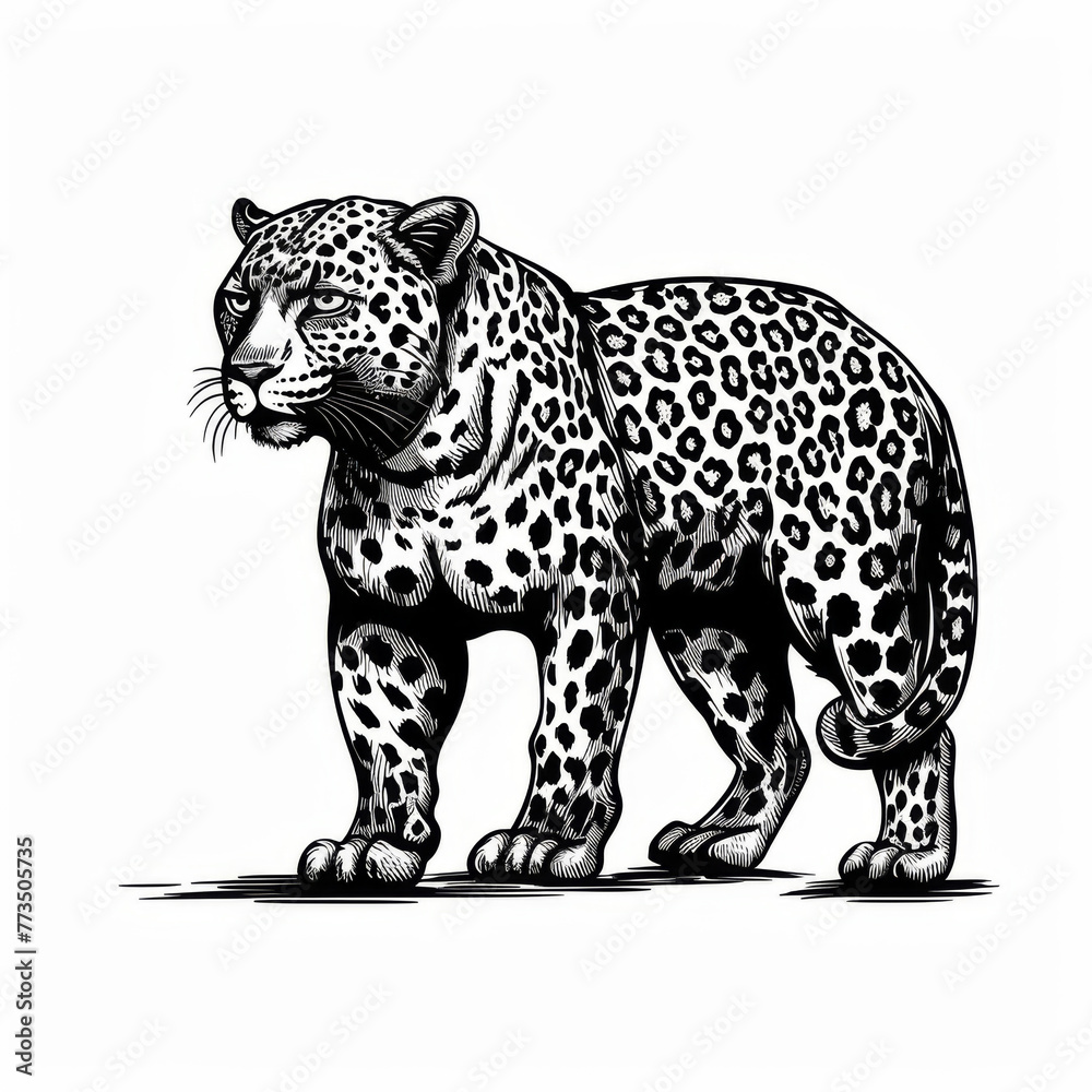 A hand-drawn illustration of a leopard in a striking pose, detailed black and white art. A hand-drawn illustration of a leopard in a striking pose, detailed black and white art.