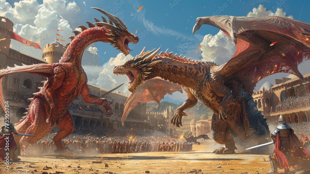 Epic Medieval Birthday Battle in a Fantastical Arena with Knights and Dragons Facing Off in a Duel of Honor