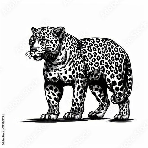 A hand-drawn illustration of a leopard in a striking pose, detailed black and white art.