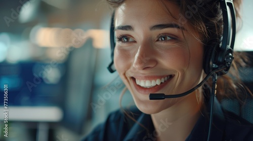 A smiling woman wearing a headset in a call center. Ideal for customer service concepts