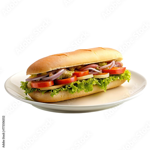 Hoagie on white plate, isolated on transparent background.