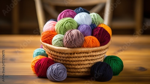 A basket filled with colorful balls of yarn on a wooden table