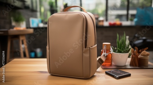 A brown backpack is placed on top of a table