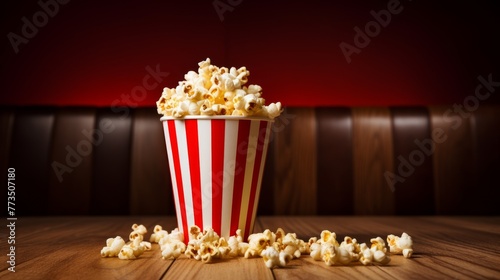A bucket of popcorn sits on the floor in front of a screen 