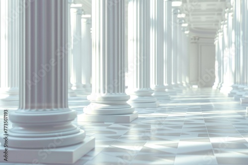 A row of white columns in a room with a checkered floor. Suitable for architectural design projects
