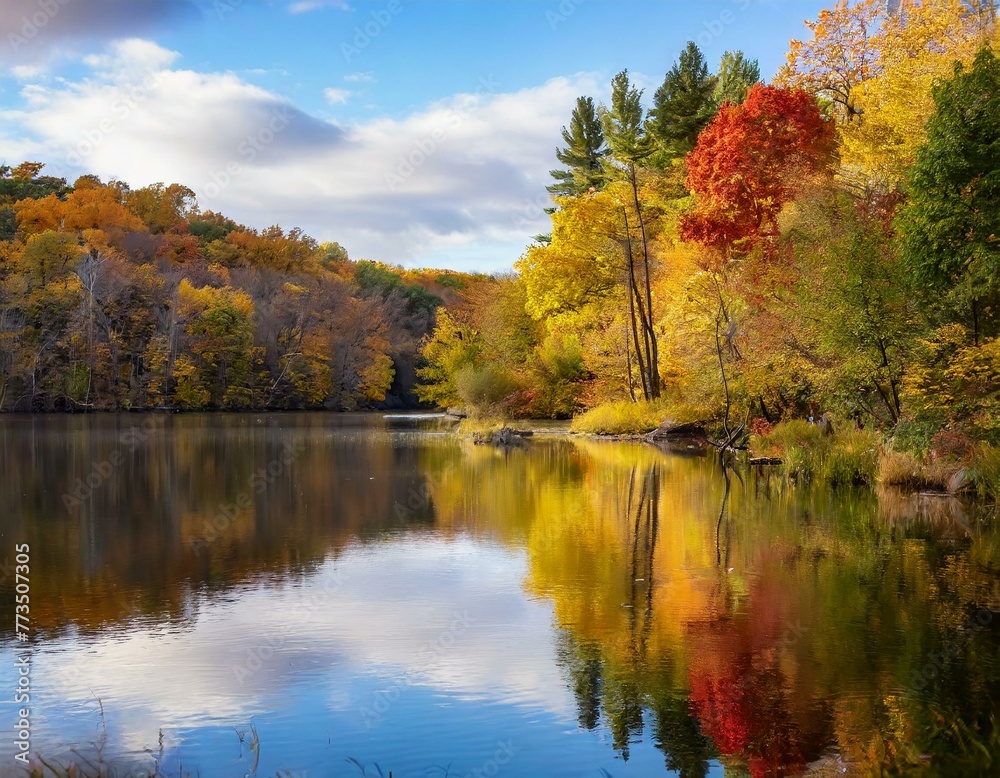 A tranquil scene of a lake nestled among trees adorned with vibrant autumn foliage