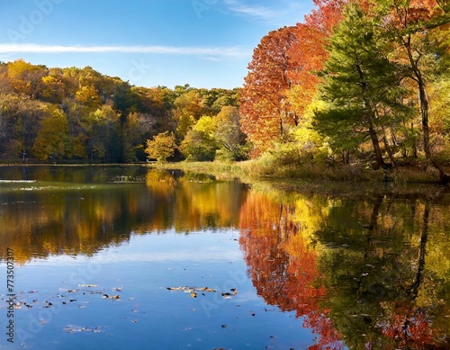 A tranquil scene of a lake nestled among trees adorned with vibrant autumn foliage