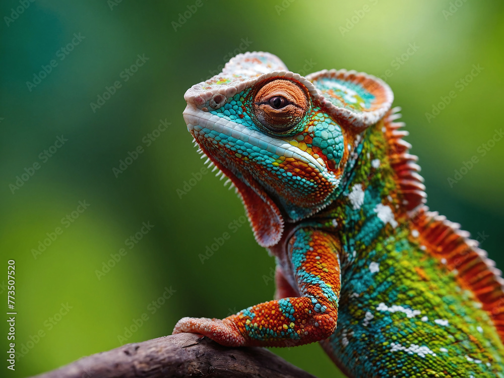 Fototapeta premium Cool Chameleon: Abstract Vector Art of a Sunglass-Clad Chameleon on a Minimalist Panorama - Digital Faceted Artistry