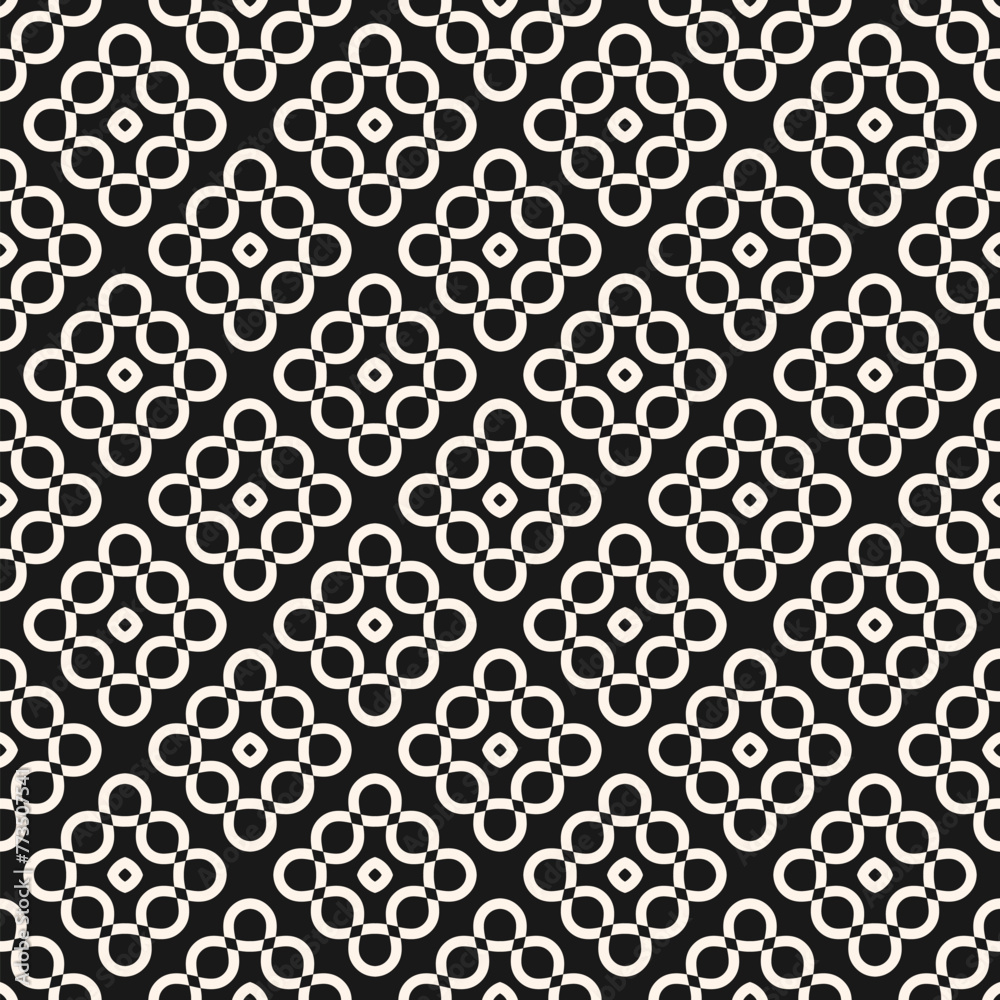 Vector monochrome seamless pattern with wavy shapes, curved lines, floral silhouettes. Simple black and white geometric texture. Endless abstract graphic background. Dark repeatable geo design