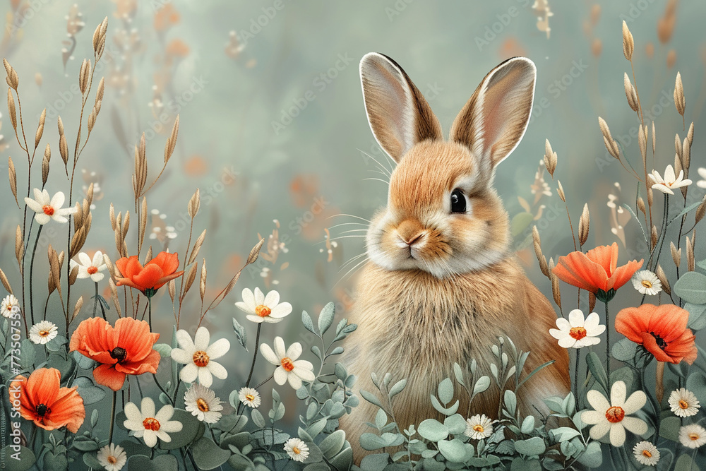 Happy Easter beautiful watercolor card with cute Easter rabbit, eggs, spring flowers in pastel colors. Happy Easter beautiful watercolor card with cute Easter rabbit, eggs, spring flowers in pastel colors.