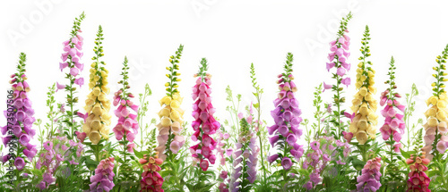 Vibrant Digitalis purpurea, commonly known as Foxgloves, blossoming against a white background.
