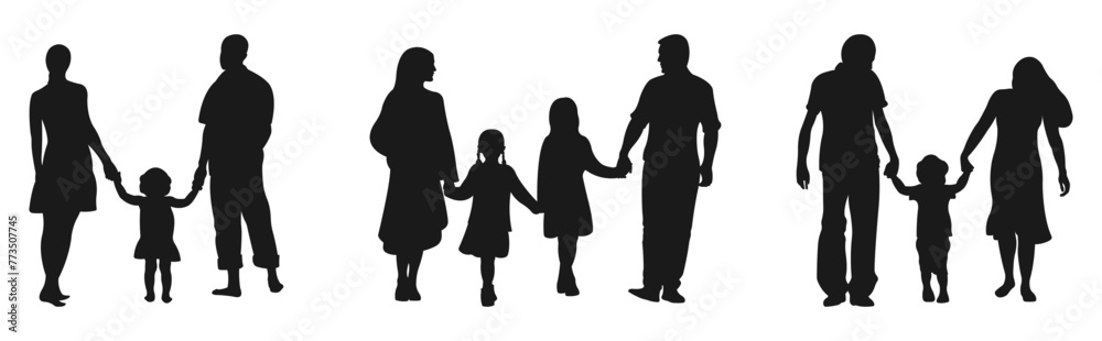 Silhouettes of married couples with children.Set of icons of family with children.Vector illustration.
