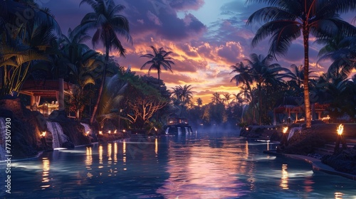 Breathtaking Tropical Sunset on Island Paradise with Waterfalls and Reflective Pool © Sittichok