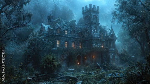 Enchanted Haunted Mansion in Ominous Gloomy Forest at Night with Spooky Supernatural Atmosphere