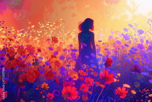 Silhouette of a woman among flowers.
