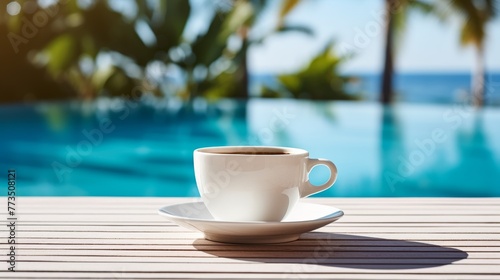 A coffee cup is placed on a table next to a pool