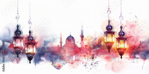 Ramadan Kareem holiday pastel greeting card, crescent moon, lantern, mosque © aamulya