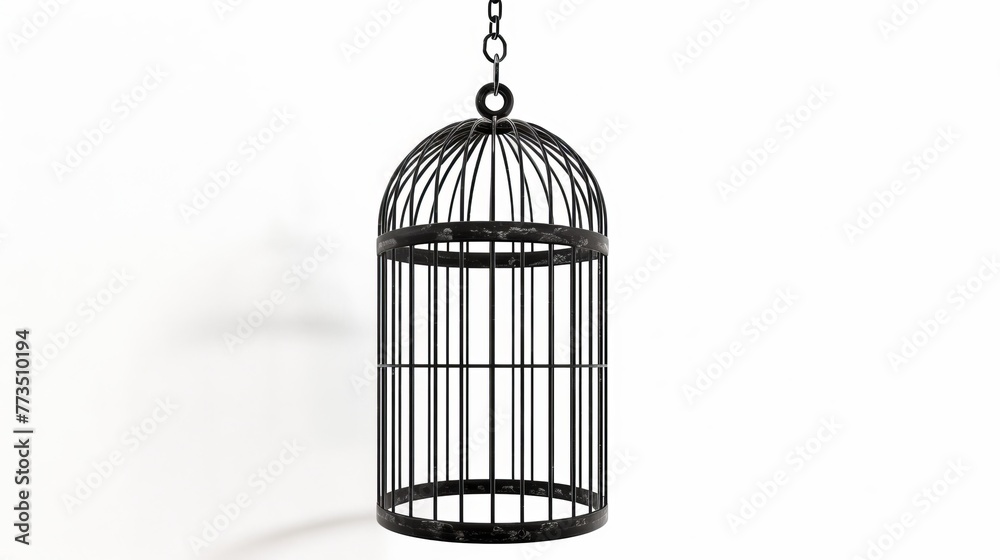 A black birdcage, symbolizing entrapment and captivity, comes with a white background and a precise cutout for clipping