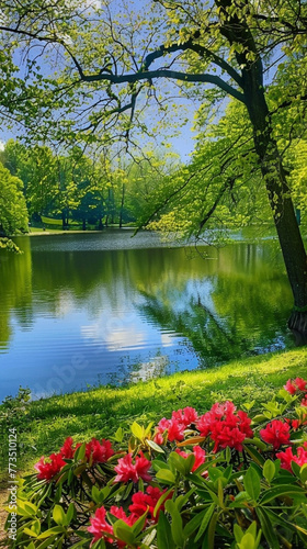 A captivating view of a greenery landscape, with a peaceful lake surrounded by trees and colorful flowers in full bloom.