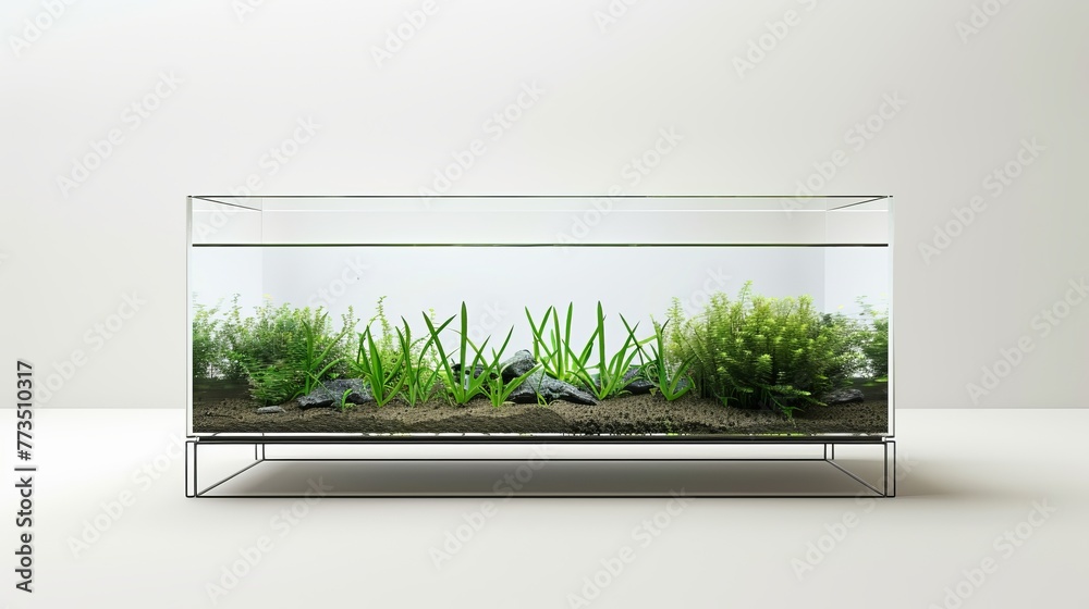 A clear mockup of a rectangular tank, potentially serving as an aquarium or terrarium, stands isolated on a white background, constructed from either glass or plexiglass and supported on a stand - obrazy, fototapety, plakaty 