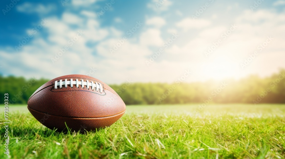 A football is placed on top of a vibrant green field A football is placed on top of a vibrant green field