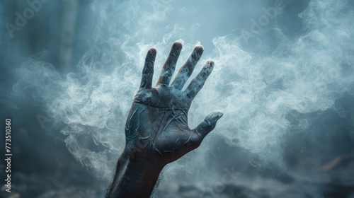  A hand reaches out of the ground, emanating smoke in a chilling