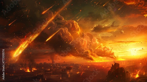 Sodom and Gomorrah destroyed by fire meteorites falling from the sky in high resolution and quality