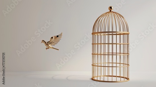 An open birdcage symbolizing success is presented in isolation against a white setting, brought to life through a 3D rendering © Orxan