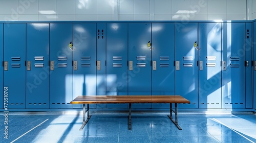 Blue metal storage lockers with an accompanying wooden bench are situated in a locker area, with various doors in different states of open or closed photo