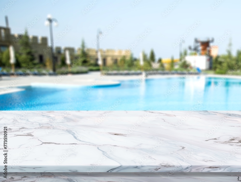 Marble table  for product placement and pool background