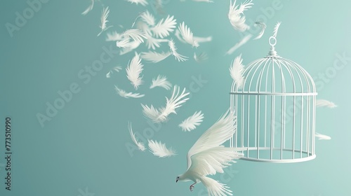 Retro birdcage releases white bird feathers into the pastel blue ether, offering a minimalist vision of liberation photo