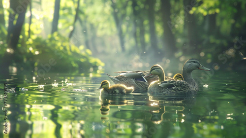 A charming family of ducks swimming in a tranquil forest pond, their reflections mirrored in the calm water.