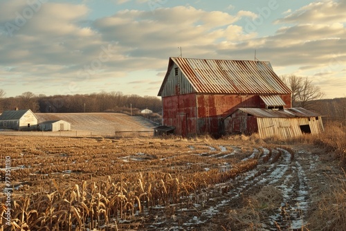 A picturesque red barn standing in a lush corn field. Perfect for agricultural themes