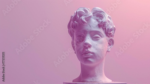 Clay render of boy with imaginative look, pastel colors, isolated on light violet, 3D head, copy space banner