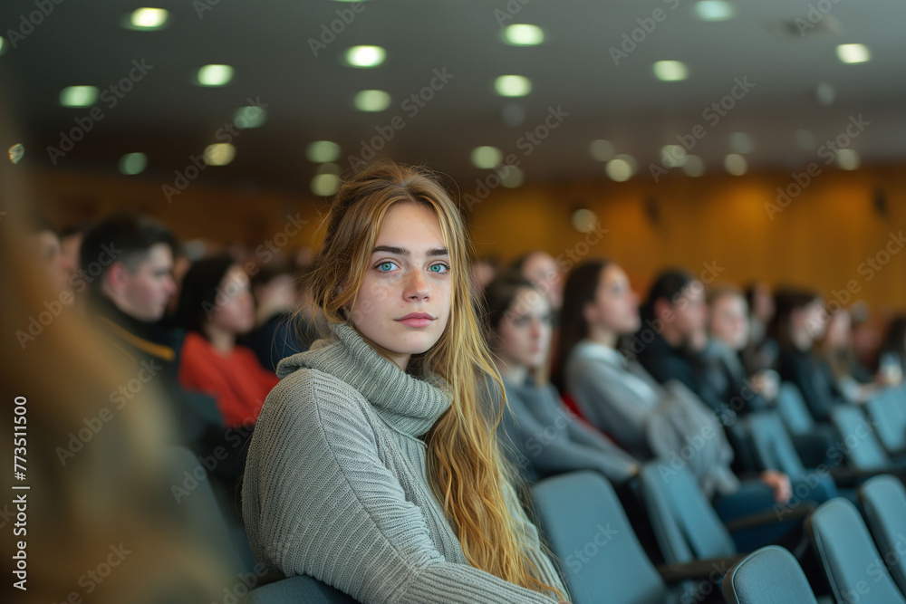 Young woman attending lecture in an auditorium