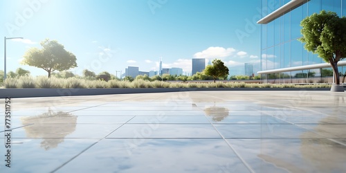 empty marble floor in modern office building with cityscape and blue sky © Graphicsstudio 5