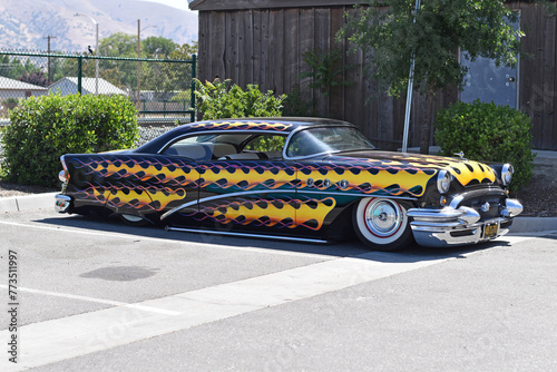 Vintage car with flame paint job