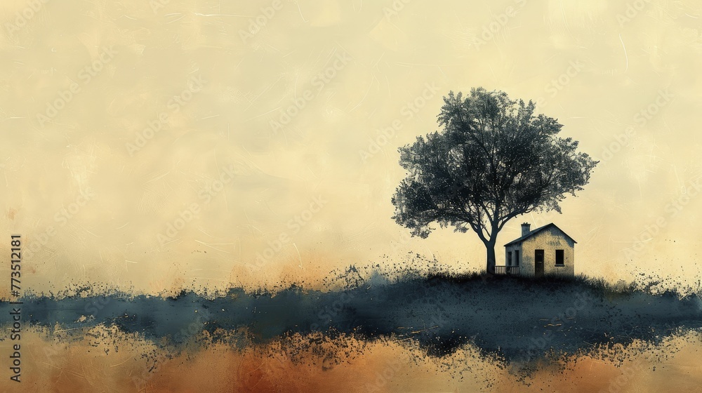 A modern dwelling sketched with a tree as its chimney on a warm brown canvas, promoting sustainable living ideals. A modern dwelling sketched with a tree as its chimney on a warm brown canvas, promoting sustainable living ideals.