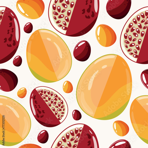 Easter seamless pattern with decorated eggs with mango, garnet and red, yellow eggs for holiday poster, textile or packaging	