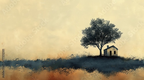 A modern dwelling sketched with a tree as its chimney on a warm brown canvas, promoting sustainable living ideals.