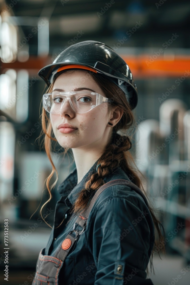 A woman wearing a hard hat and safety glasses, suitable for construction industry concept A woman wearing a hard hat and safety glasses, suitable for construction industry concept
