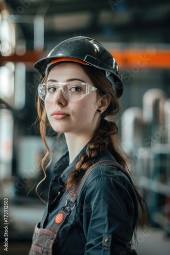 A woman wearing a hard hat and safety glasses, suitable for construction industry concept