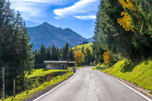 Street toward Damüls in the Bregenzerwald in Autumn, State of Vorarlberg, Austria