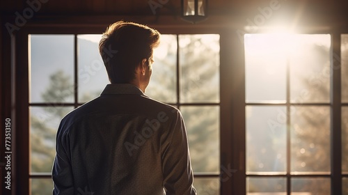 A man is standing in front of a window