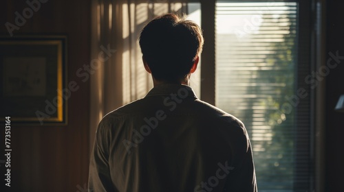 A man is standing in front of a window