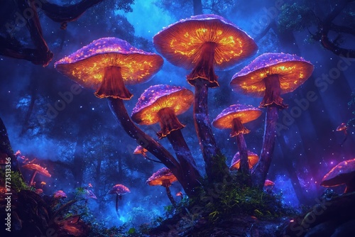 Magic psychedelic mushrooms in the forest. Psilocybin glowing mushrooms. Bright colorful mushroom. Magic in the forest. © Anton