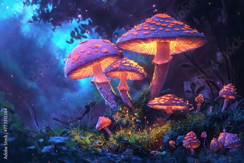 Magic psychedelic mushrooms in the forest. Psilocybin glowing mushrooms. Bright colorful mushroom. Magic in the forest.