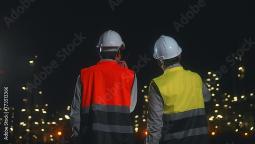 Night scene. Back view of Asian man engineers working together with tablet and walkie talkie. They going through routine checks at petroleum oil refinery in industrial estate. 4k resolution.